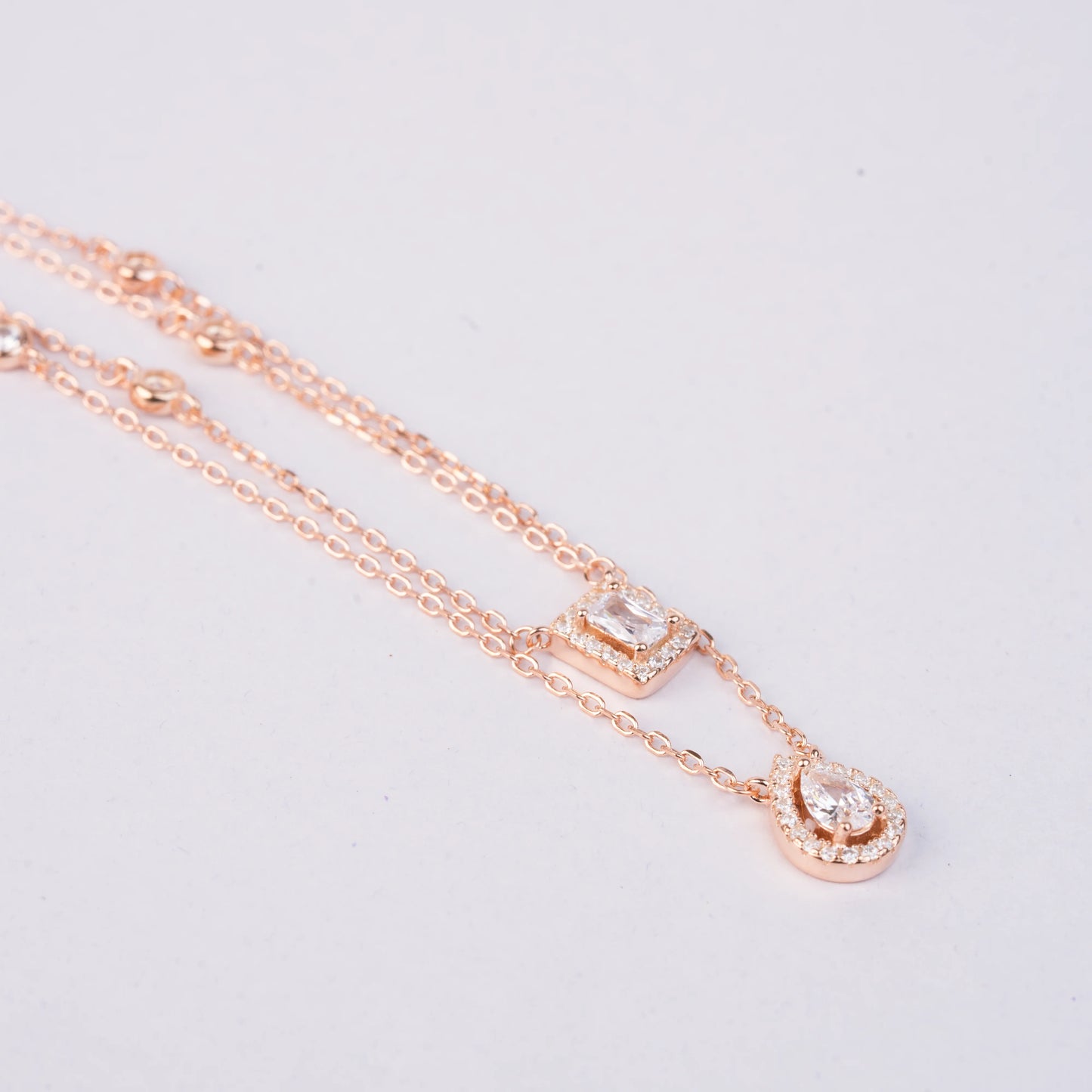 925 Sterling Silver | Baguette and Droplet Layered Charm Necklace