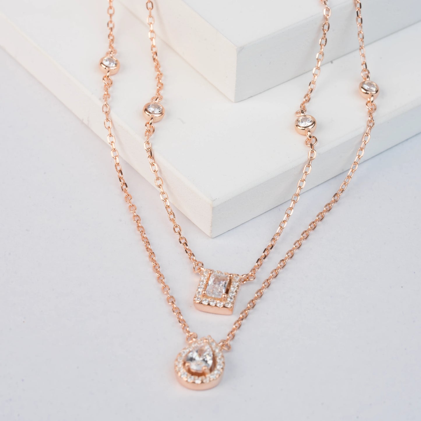 925 Sterling Silver | Baguette and Droplet Layered Charm Necklace