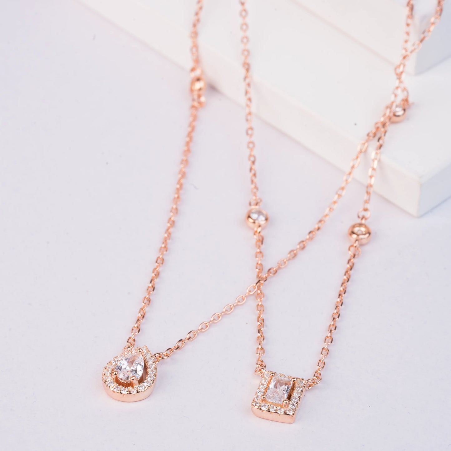 925 Sterling Silver | Baguette and Droplet Layered Charm Necklace