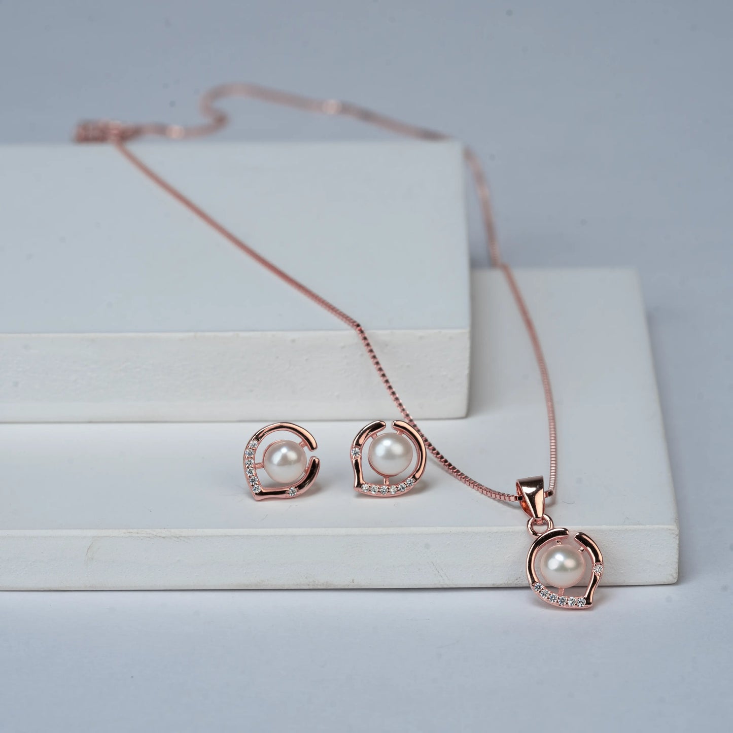 925 Sterling Silver | Heart Pearl Necklace and Stud Earrings Set