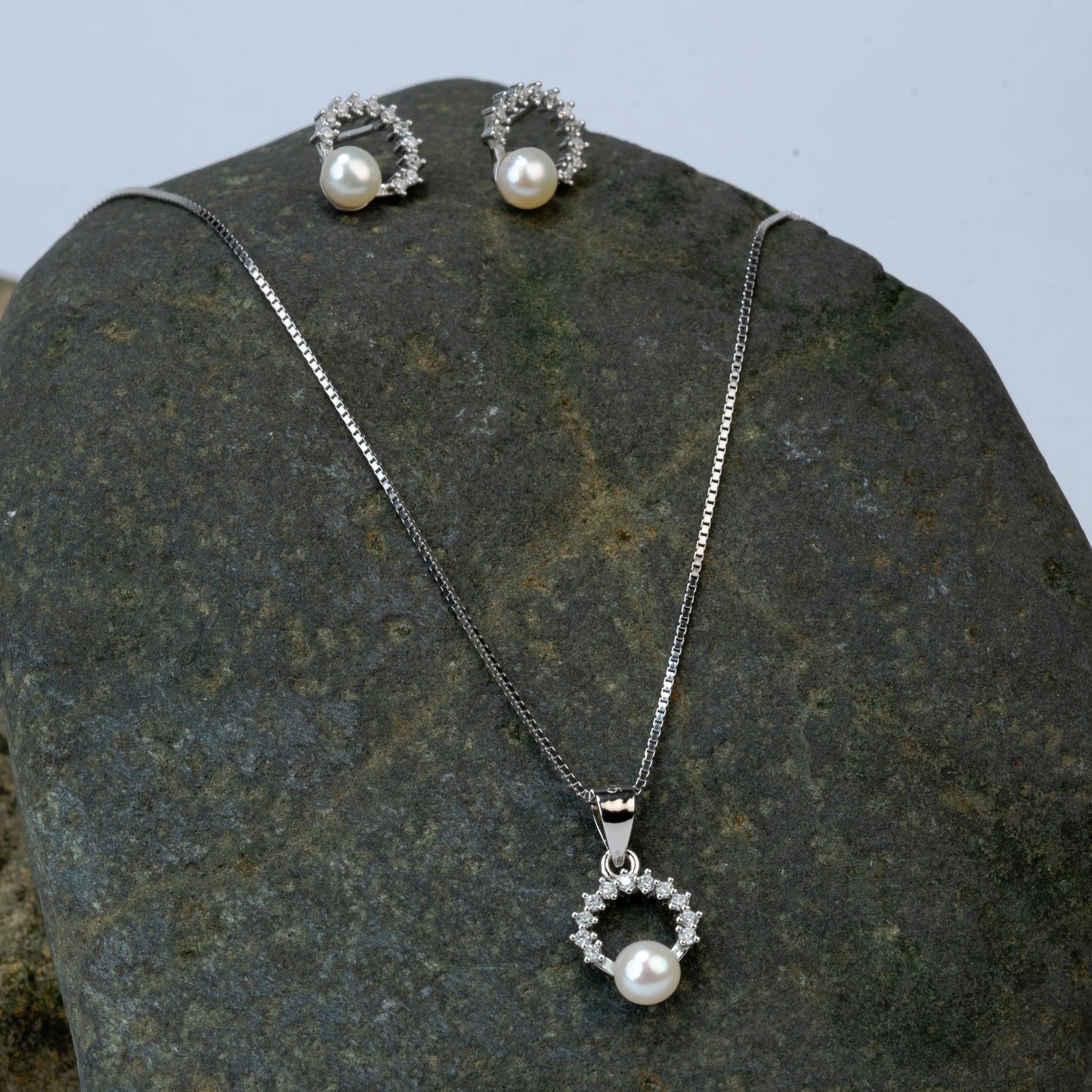 925 Sterling Silver | Orbital Pearl Set of Earring and a Pendant with Chain