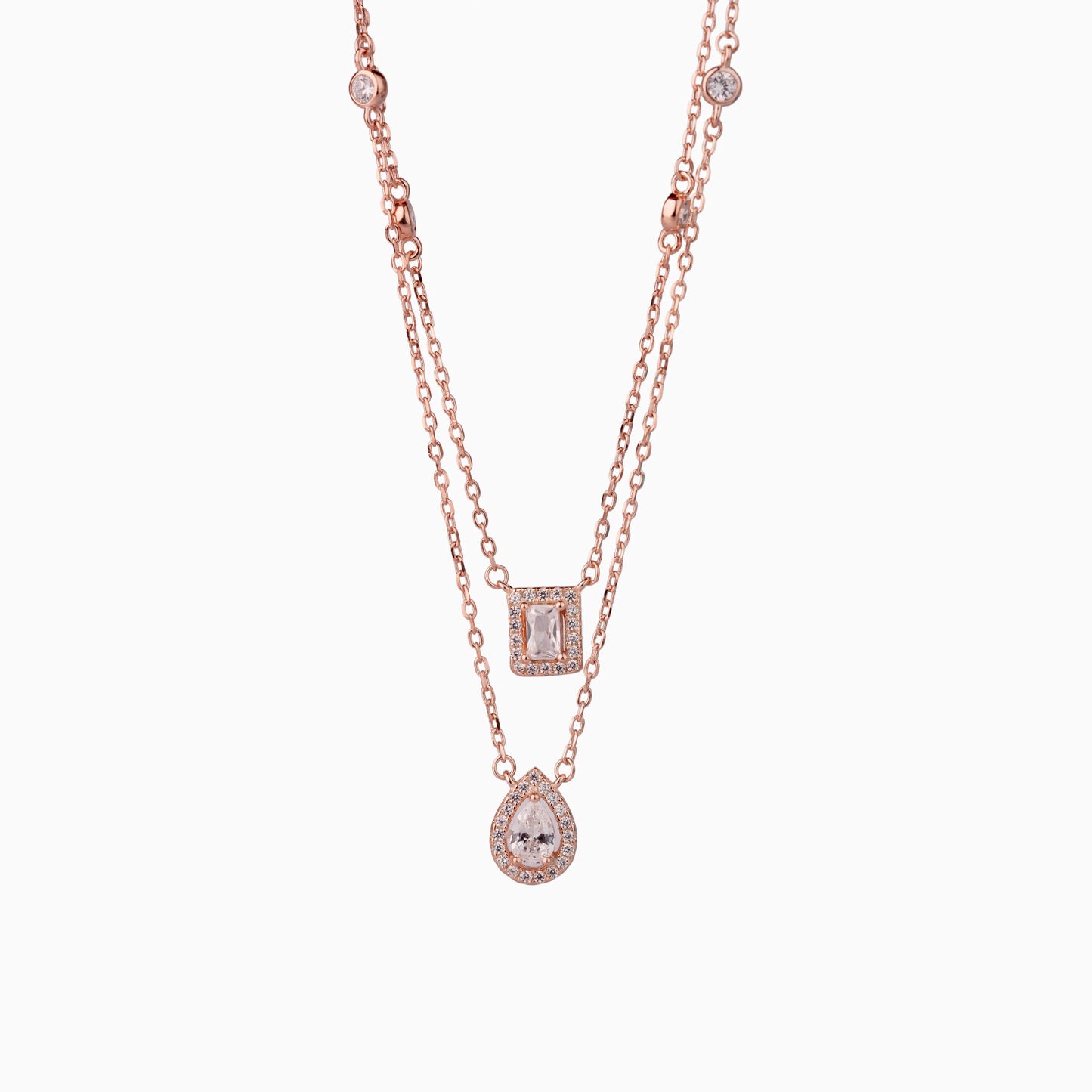 925 Sterling Silver | Baguette and Droplet Layered Charm Necklace